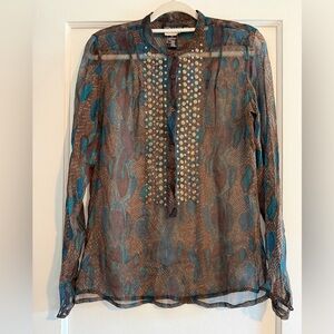 Antik Batik 100% Silk Sheer Beaded Peacock Blouse Size Medium 40